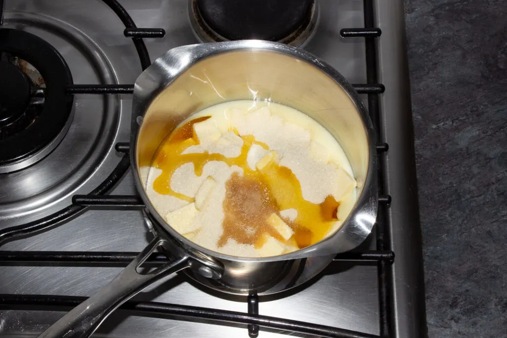 Condensed milk, butter, sugar, golden syrup, vanilla and salt in a medium saucepan on the hob.