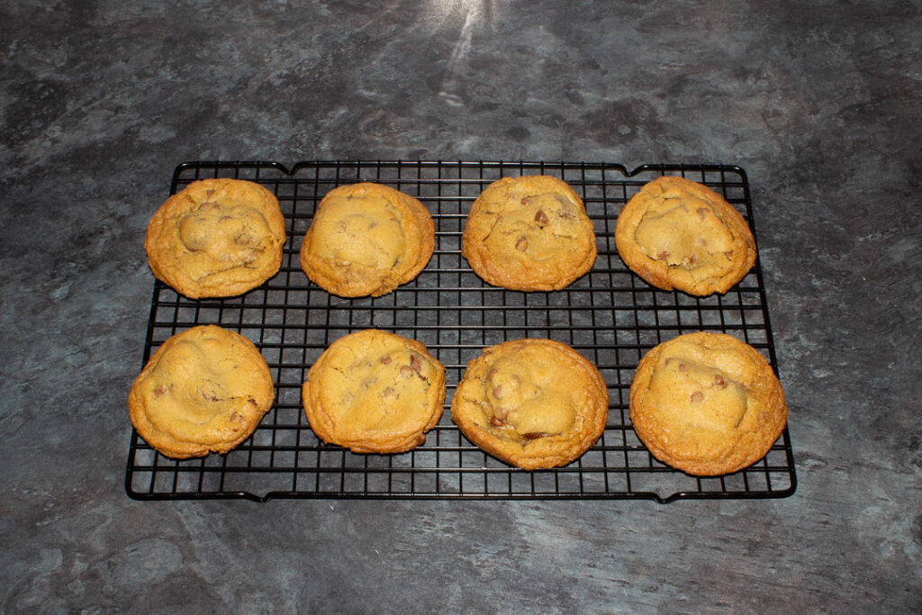 Creme Egg cookies cooling on a wire rack