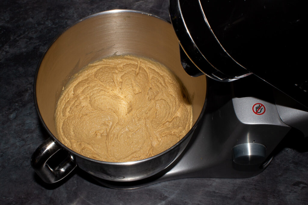 Melted butter, brown sugar and caster sugar beaten until light and smooth in an electric stand mixer