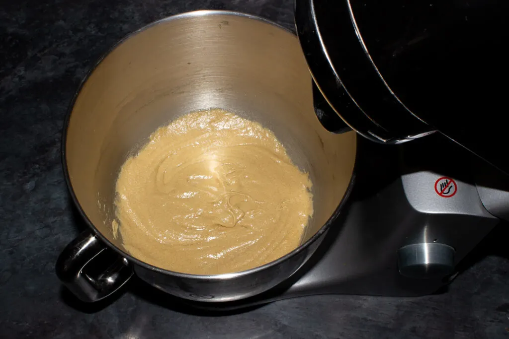 Melted butter, brown sugar, caster sugar and egg beaten until smooth in an electric stand mixer