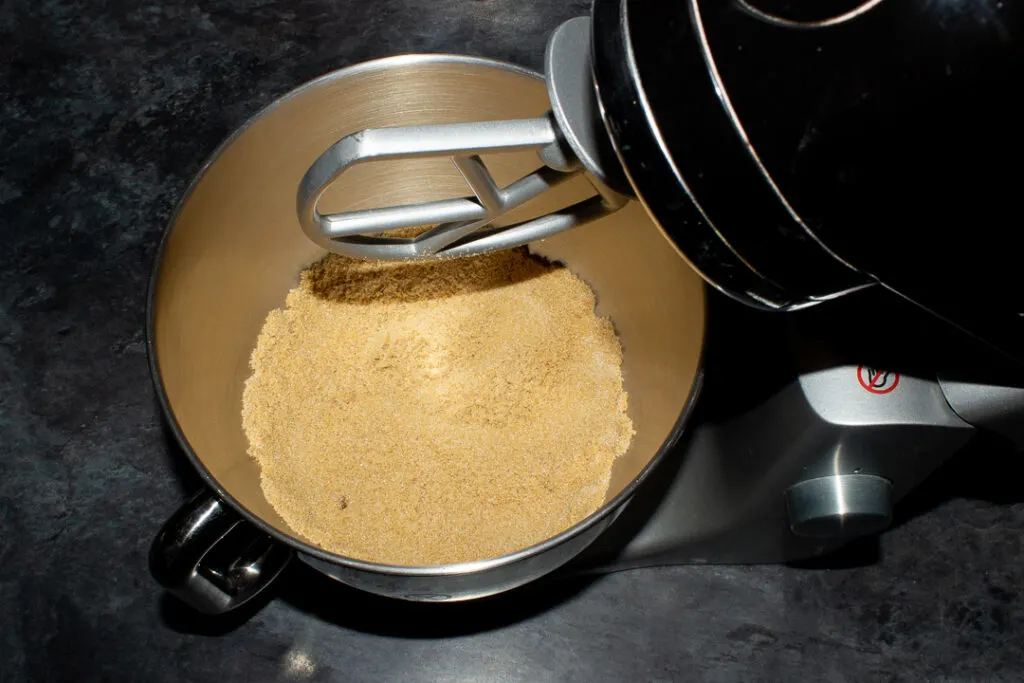 Brown sugar, caster sugar and butter mixed together in a stand mixer until light and fluffy