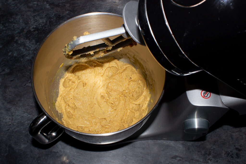 Sugar, butter, egg and beaten together in an electric stand mixer