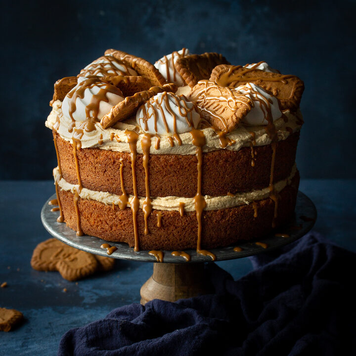 Front view of a whole Biscoff sponge cake on a cake stand. Decorated with Biscoff biscuits, mini meringues and drizzled melted Biscoff spread. Set against a deep blue backdrop.