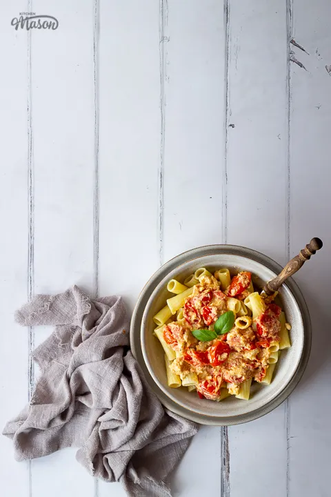 A bowl of feta tomato pasta