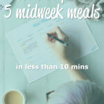Someone filling out a meal planner. A text overlay says "how to plan 5 midweek meals in less than 10 mins"