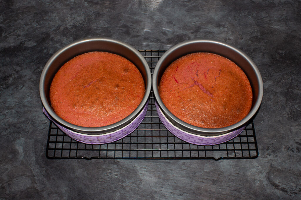 Baked strawberry cake in two round cake tins.