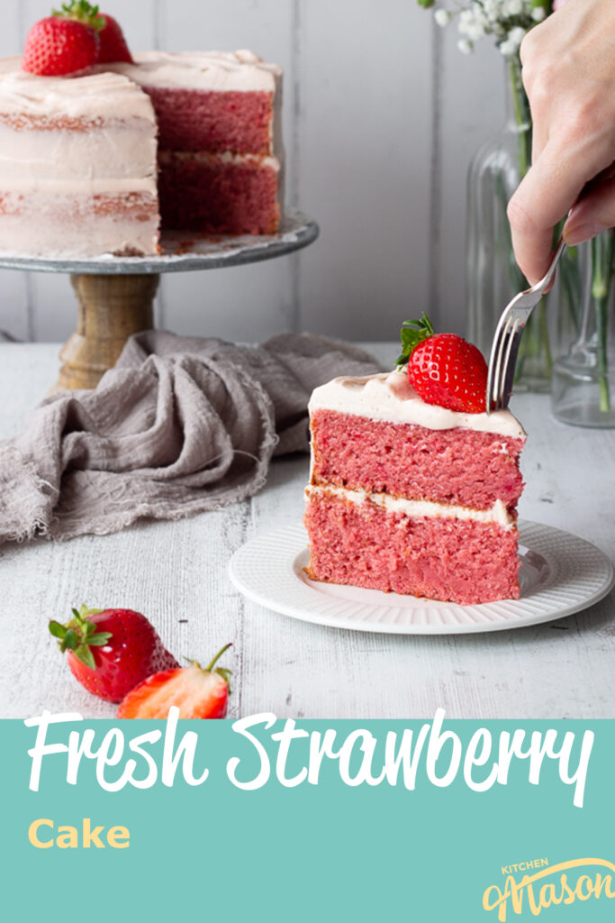 Someone pushing a fork into a slice of strawberry cake. A text overlay says "fresh strawberry cake".