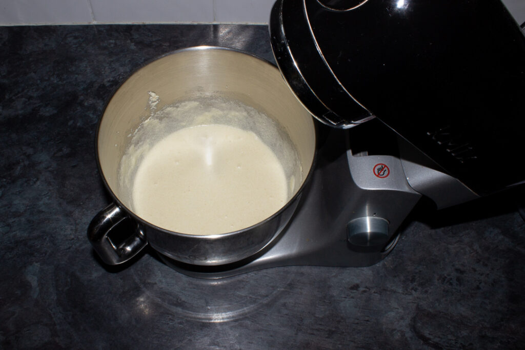 Mixed butter, sugar and egg whites in a stand mixer.