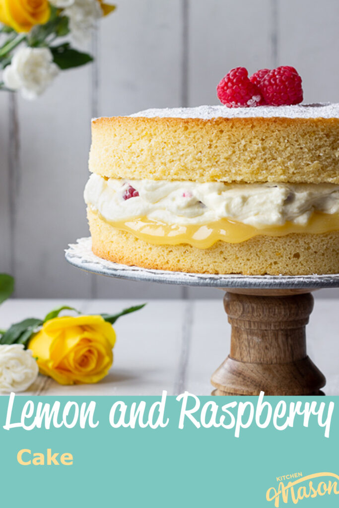 Close up of a lemon raspberry cake. A text overlay says "lemon and raspberry cake".