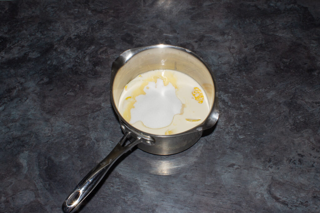 Custard base ingredients in a saucepan