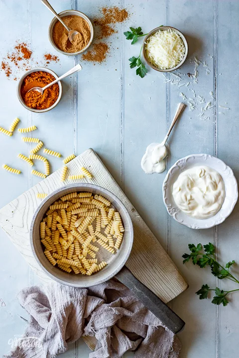 A messy shot of soured cream pasta recipe ingredients
