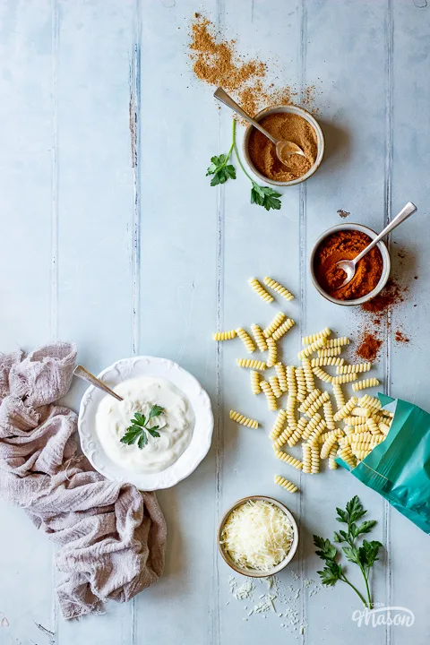 Soured cream pasta ingredients and a linen napkin