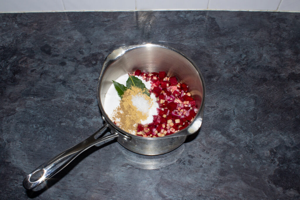 Beetroot chutney ingredients in a saucepan