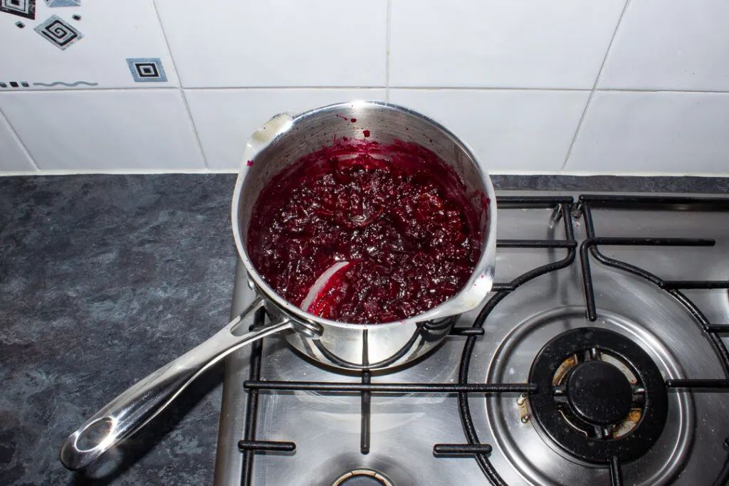 Cooked beetroot chutney in a saucepan