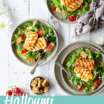 3 plates of halloumi salad with croutons. A text overlay says 'halloumi salad'.