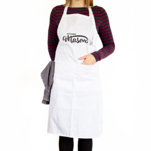 White adjustable apron with 2 pockets, tea towel loop and Kitchen Mason logo