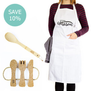 Adjustable white apron, cork pot stand and bamboo salad spoon in big bundle deal