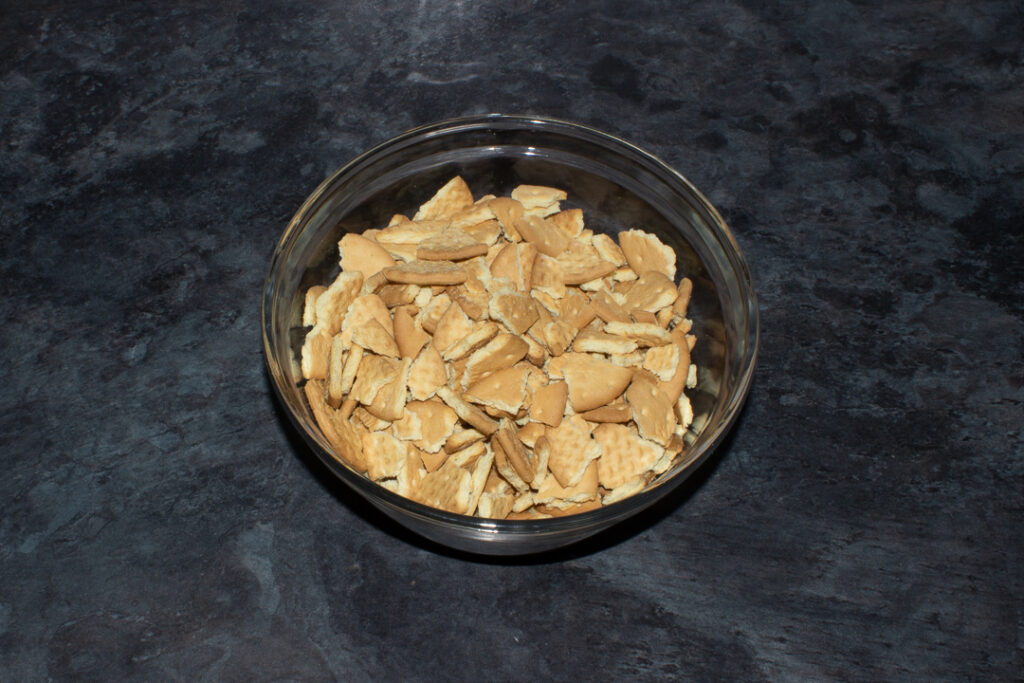 Crushed rich tea biscuits in a bowl