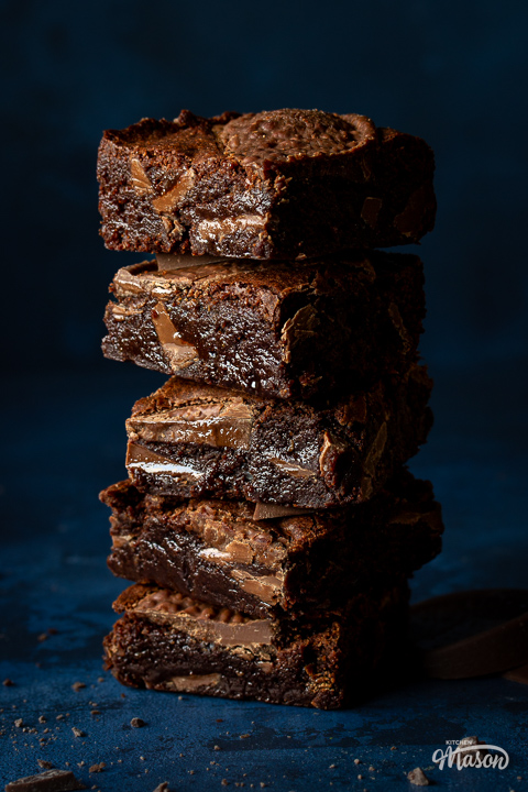 Close up of Terry's chocolate orange brownies in a stack