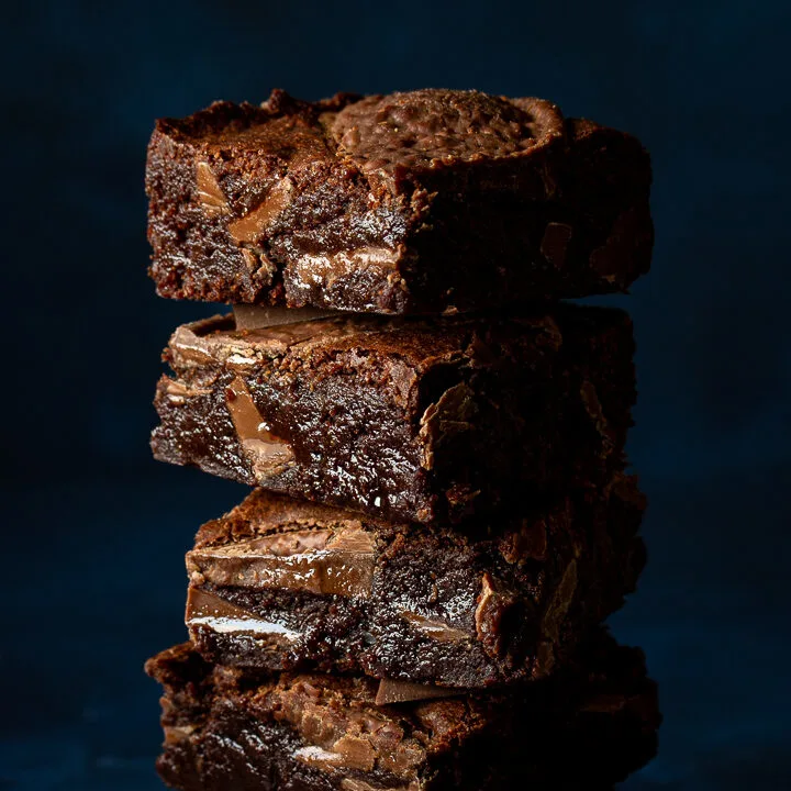 Close up of Terry's chocolate orange brownies in a stack