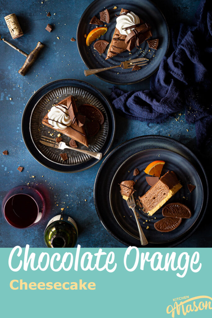3 slices of no bake chocolate orange cheesecake on plates