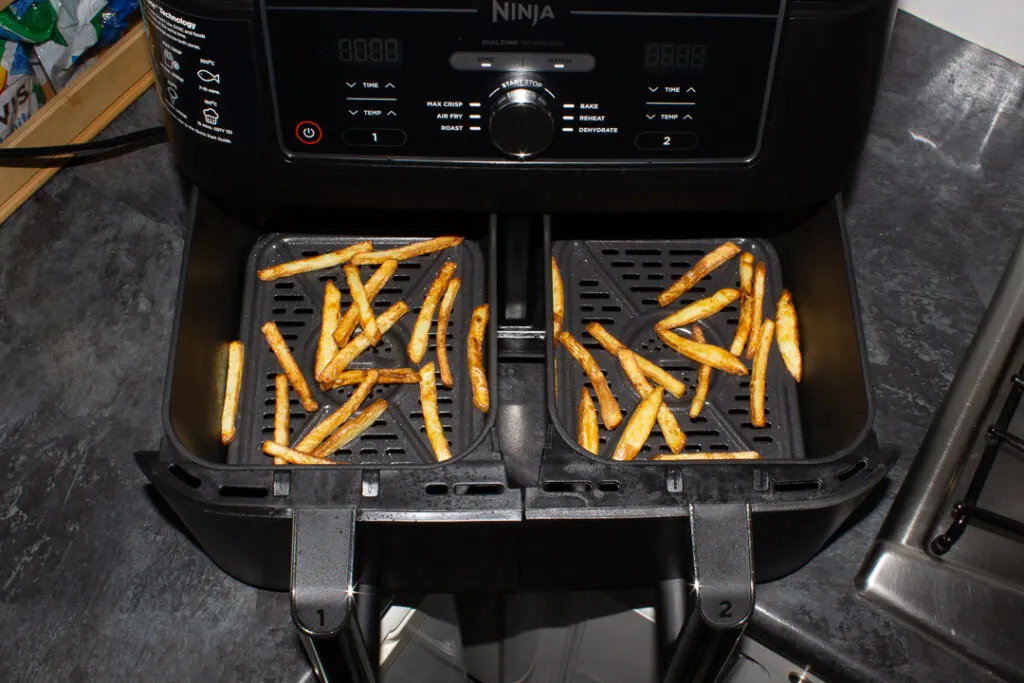 Crispy cooked fries in a Ninja dual air fryer