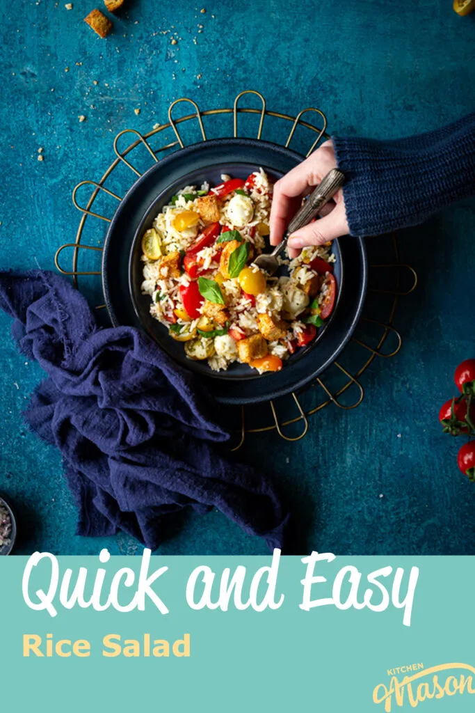 Someone getting a forkful of easy rice salad from a blue bowl. A text overlay says 'quick and easy rice salad'.