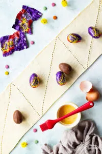 Creme Eggs on a full sheet of croissant dough