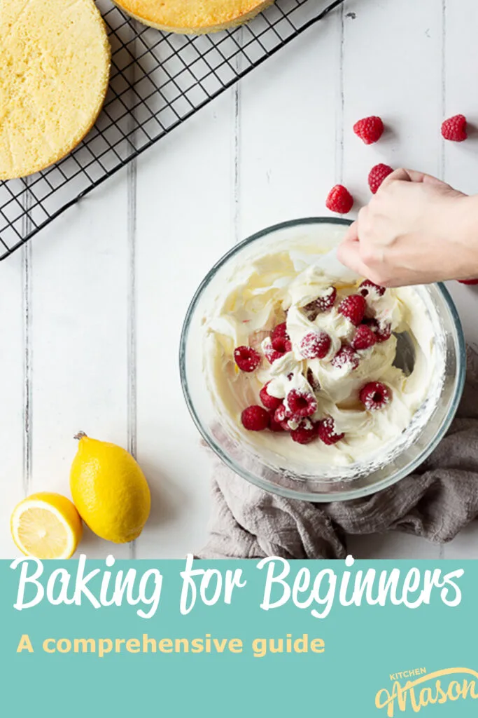 Someone folding raspberries into whipped cream. A text overlay says 'Baking for Beginners'