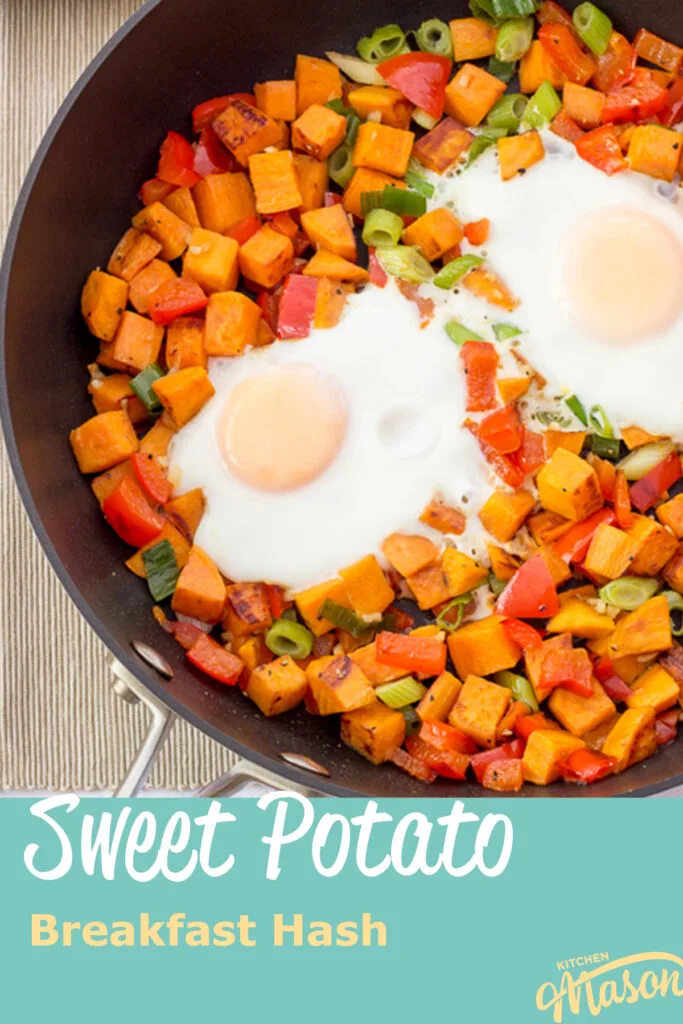 Sweet potato breakfast hash and eggs in a frying pan. A text overlay says 'sweet potato breakfast hash'.