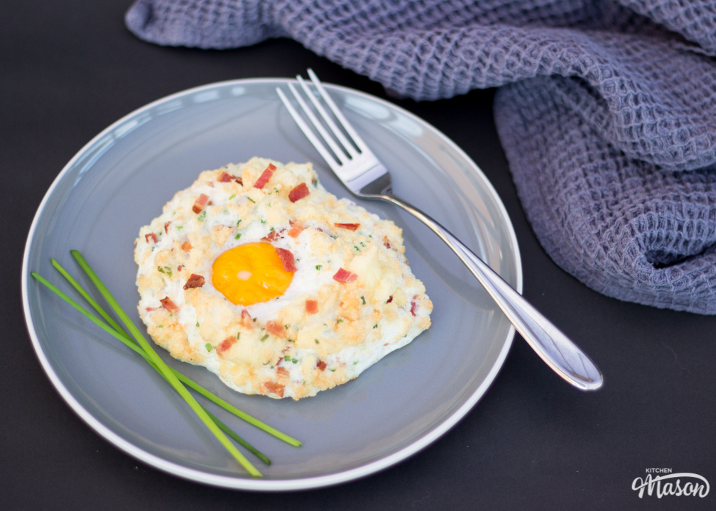 Bacon chive parmesan eggs in clouds on a plate