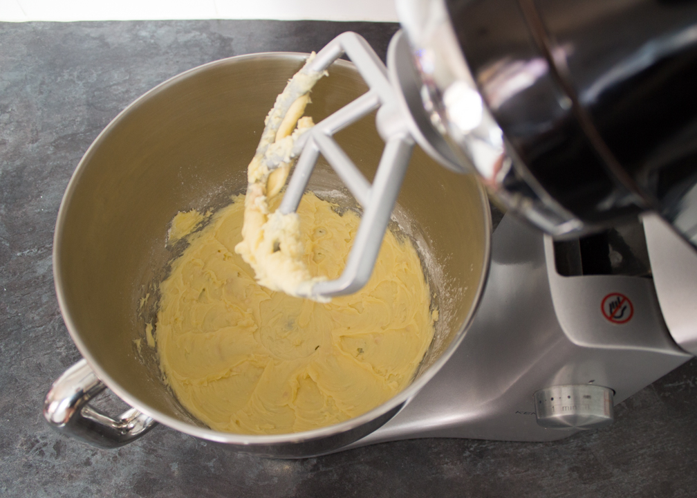 Butter, sugar salt and vanilla beaten together in a mixer