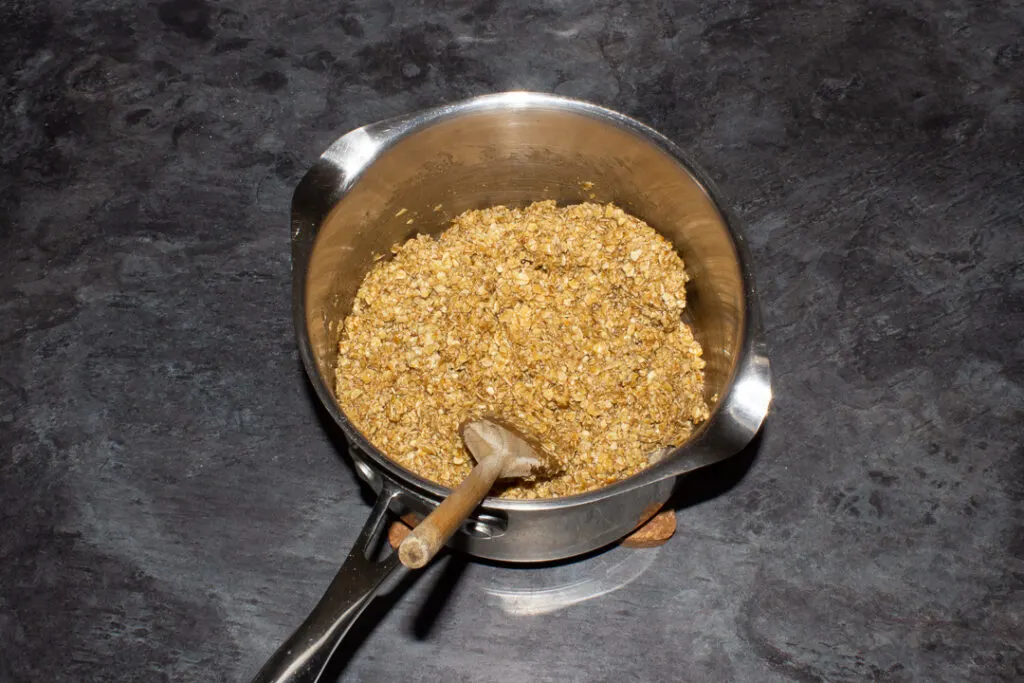Unbaked flapjack mixture in a saucepan
