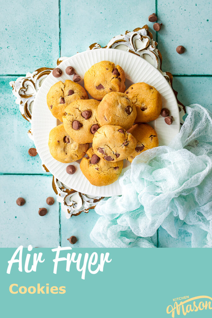 A plate full of air fryer cookies with a napkin. A text overlay says "air fryer cookies".