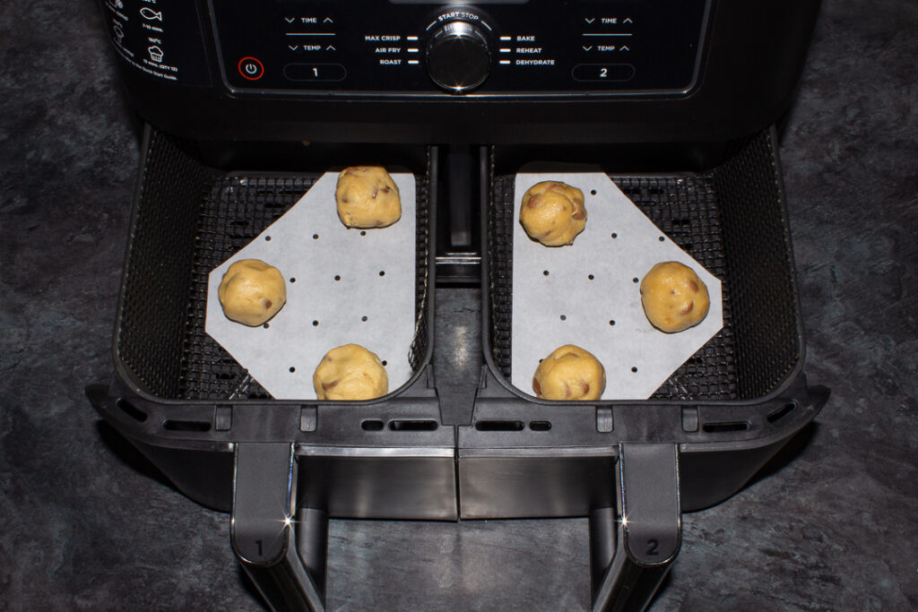 Chocolate chip cookie dough balls in an air fryer