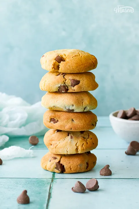 A stack of six air fryer chocolate chip cookies