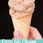 Someone holding a cone of no churn Nutella ice cream. A text overlay says "Easy no churn Nutella ice cream"