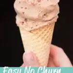 Someone holding a cone of no churn Nutella ice cream. A text overlay says "Easy no churn Nutella ice cream"