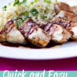 Balsamic chicken on a plate with herby couscous. A text overlay says 'quick and easy balsamic chicken'