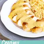Creamy honey mustard chicken on a plate with rice. A text overlay says 'creamy honey mustard chicken'