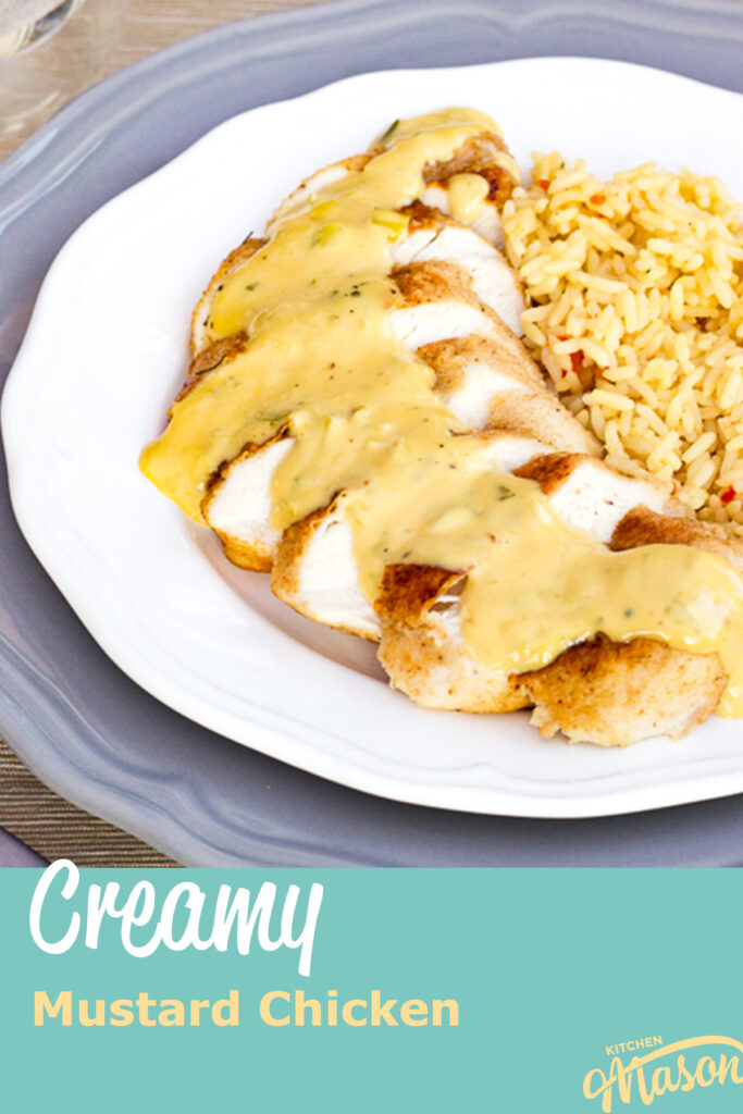 Creamy honey mustard chicken on a plate with rice. A text overlay says 'creamy honey mustard chicken'