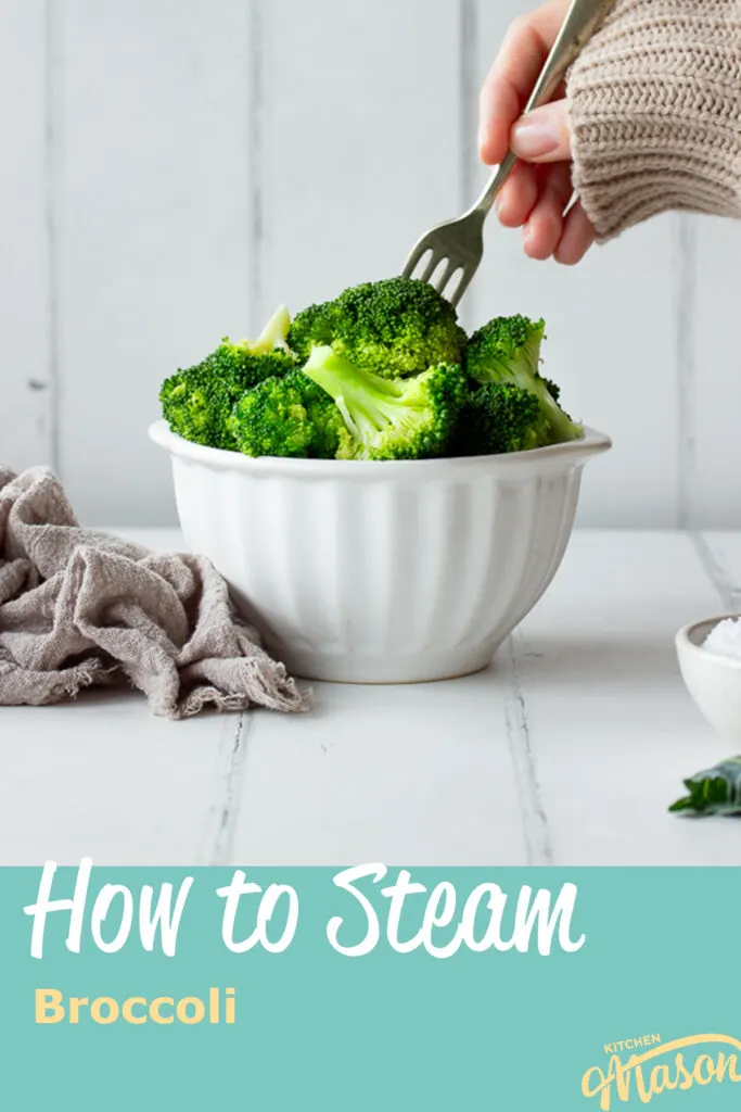 Someone forking steamed broccoli in a white bowl. A text overlay says 'How to steam broccoli'.