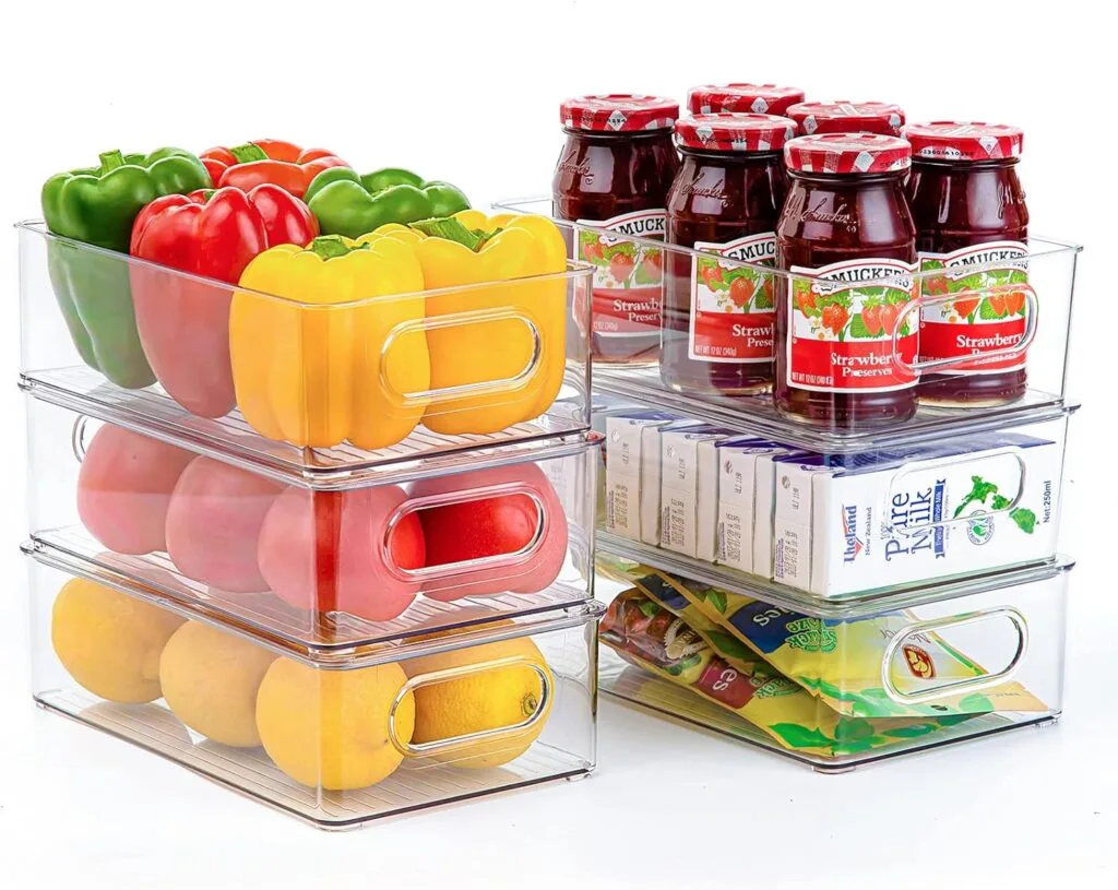 Fruit and jars in stackable storage boxes