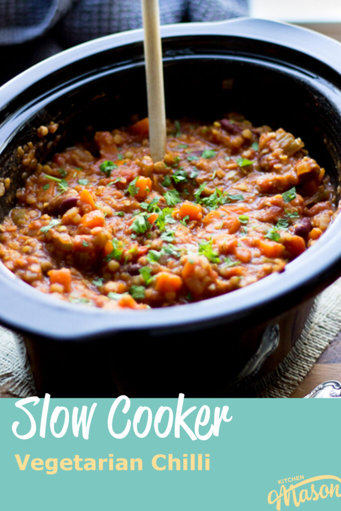 A slow cooker bowl filled with vegetarian chilli