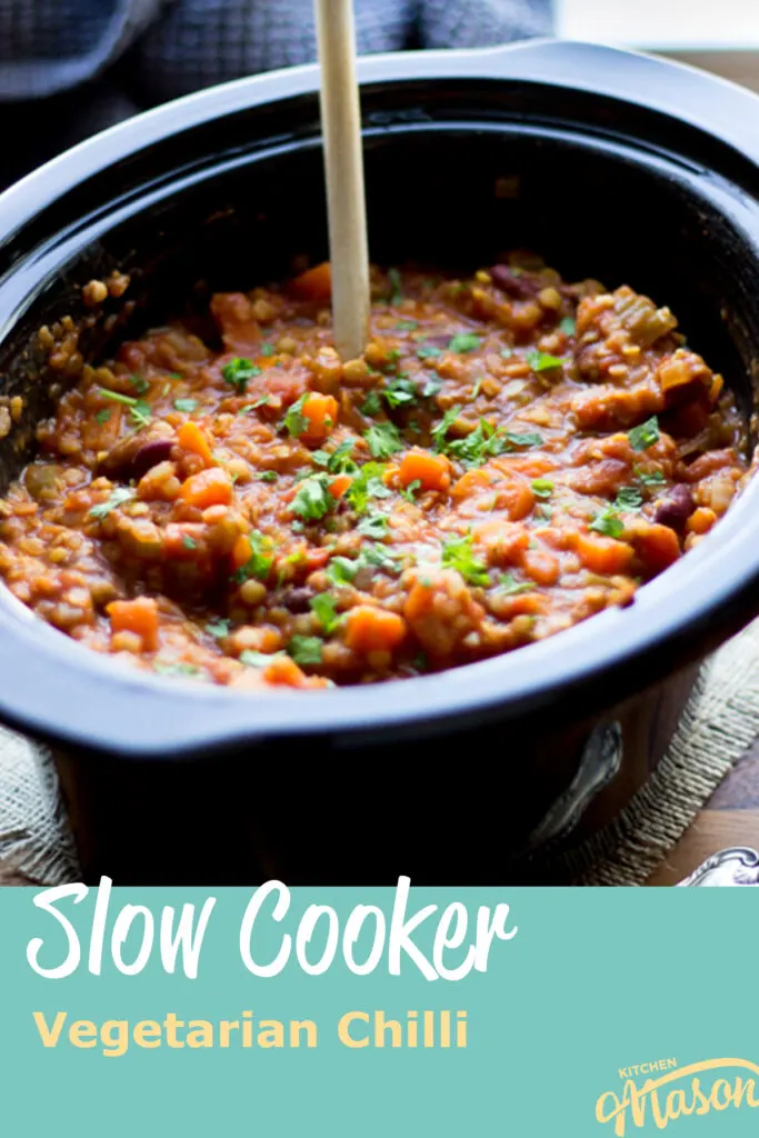 A slow cooker bowl filled with vegetarian chilli