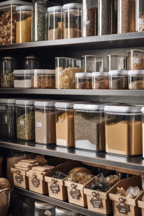 A pantry with food organised in storage tubs