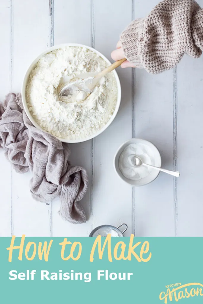 Someone stirring baking powder into plain flour. A text overlay says 'how to make self raising flour'.