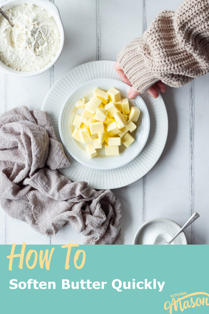 Someone putting a plate of cubed butter down next to flour, eggs and sugar. A text overlay says 'how to soften butter quickly'.