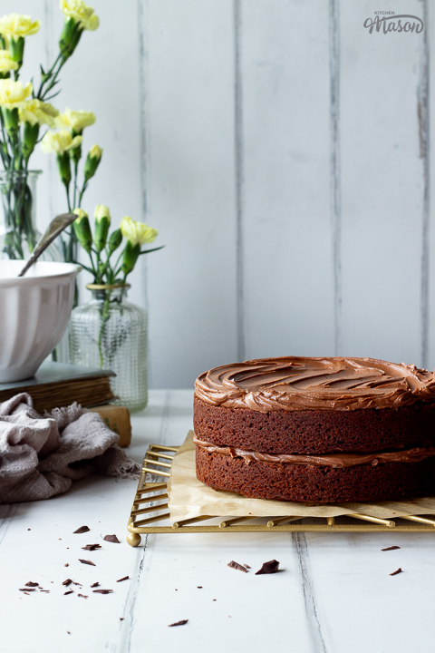 An air fryer chocolate cake on a rack