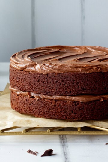 An air fryer chocolate cake on a rack